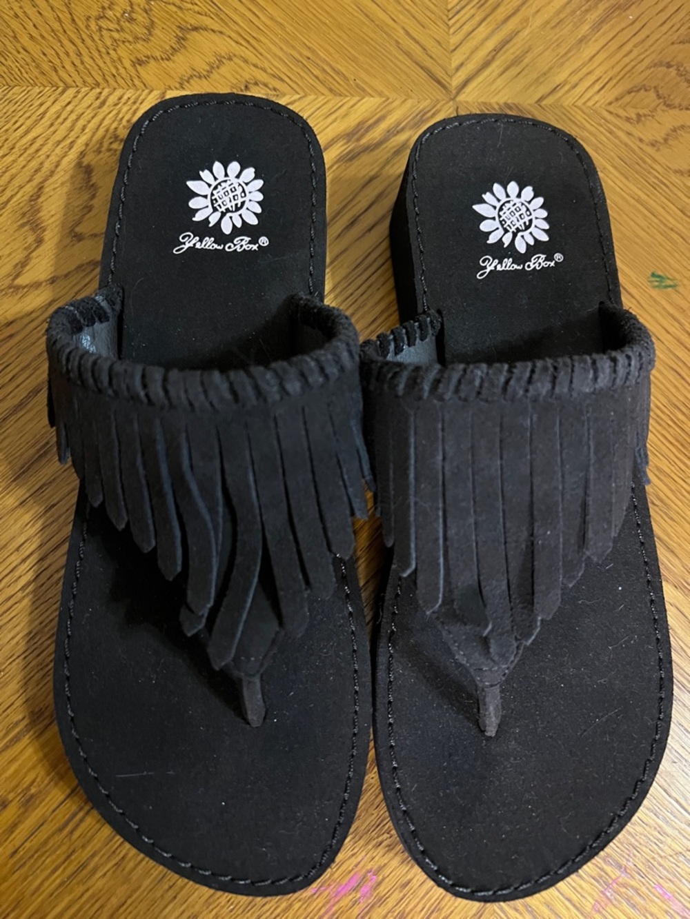 Yellow Box Black Suede Fringe Toe-Post Sandals for Women